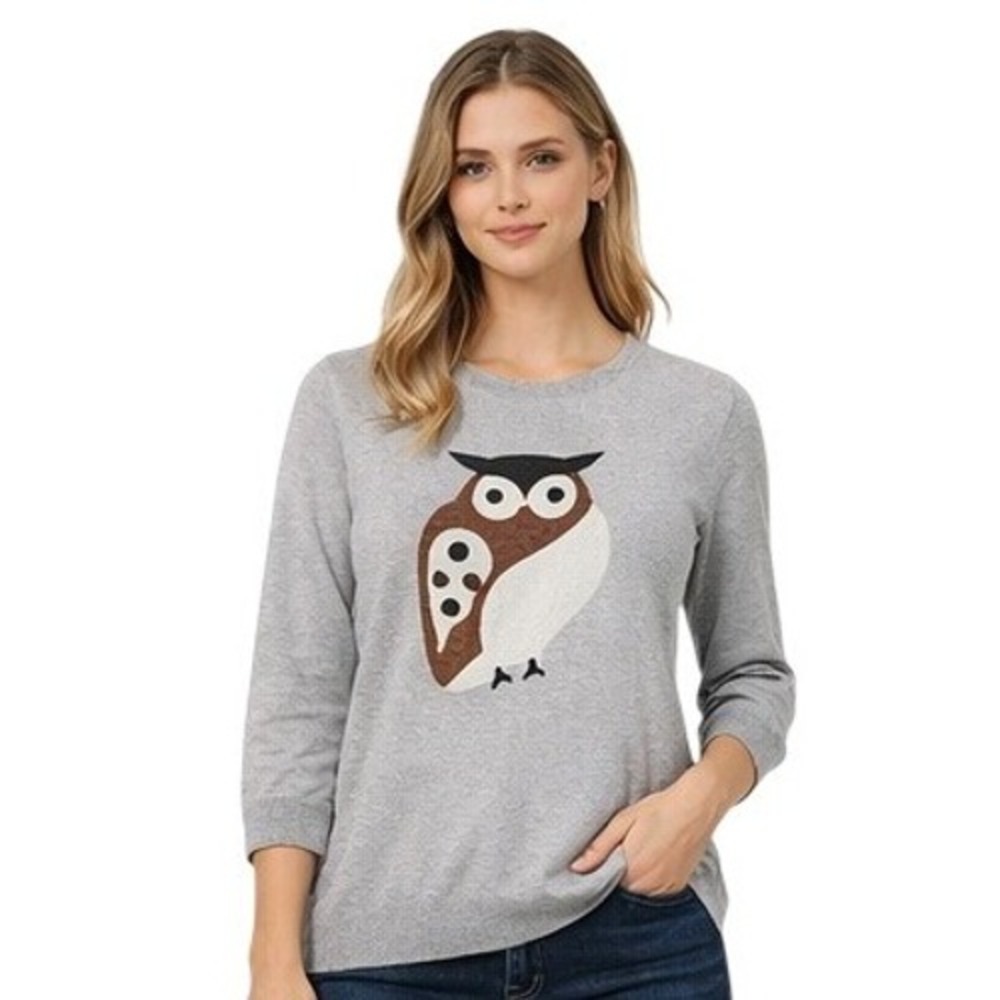 Whimsical Gray Owl‎ Sweater Ann Taylor 3/4 Sleeve Cotton Blend Pullover XL
